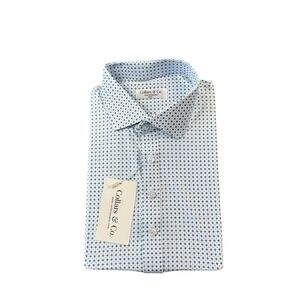 Collars & Co. White Blue Geometric AOP Dress Collar Men's Polo Large NWT